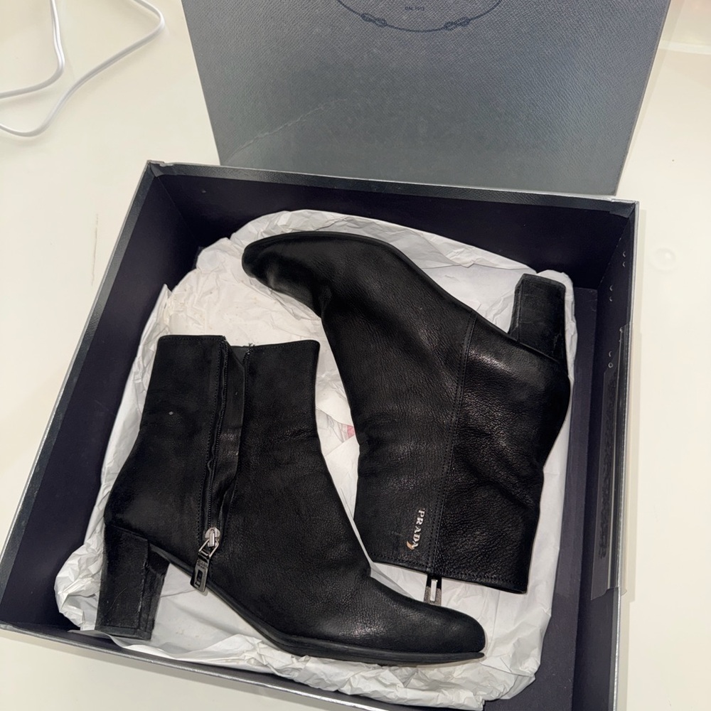 Prada Black Leather Heeled Boots